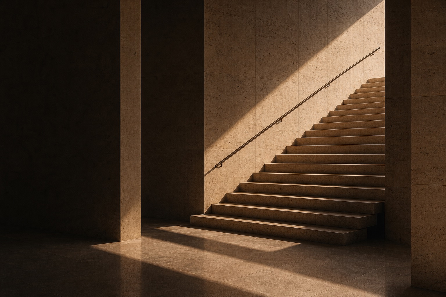 Composizione architettonica in travertino con scala e luce radente